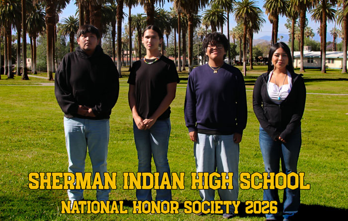 Four students stand side by side on a grassy lawn lined with tall palm trees on a sunny day.
